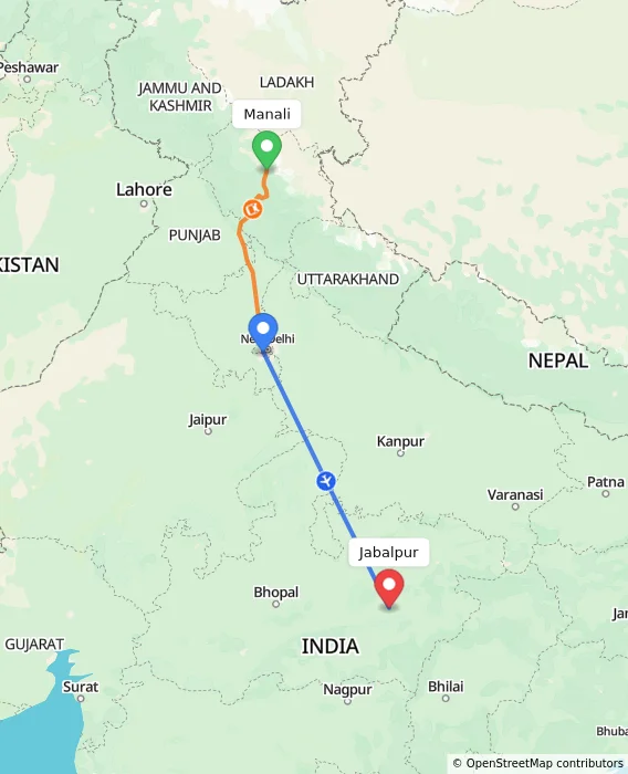 Route map showing distance and travel time from Manali, India to Jabalpur, India