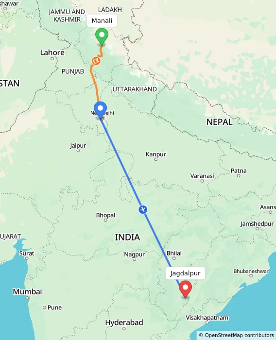 Route map showing distance and travel time from Manali, India to Jagdalpur, India