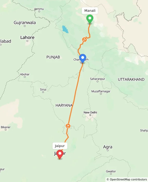 Route map showing distance and travel time from Manali, India to Jaipur, India