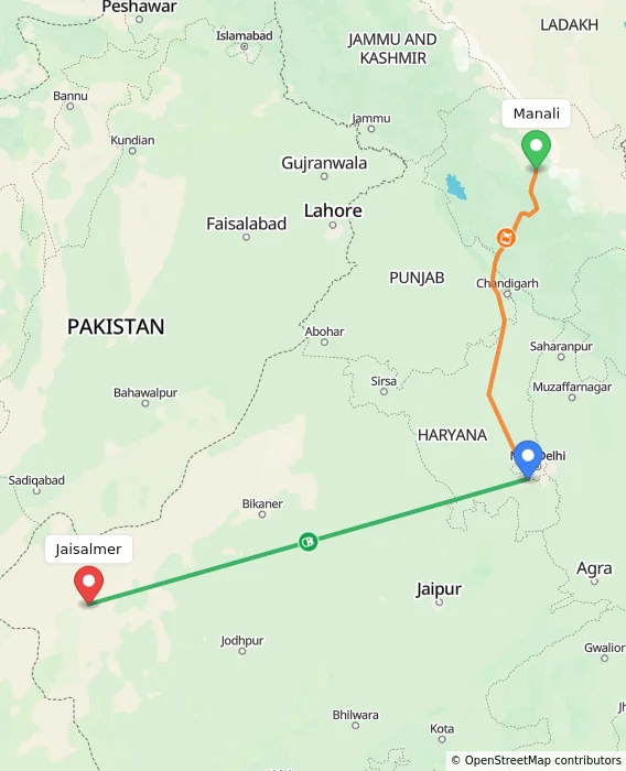 Route map showing distance and travel time from Manali, India to Jaisalmer, India