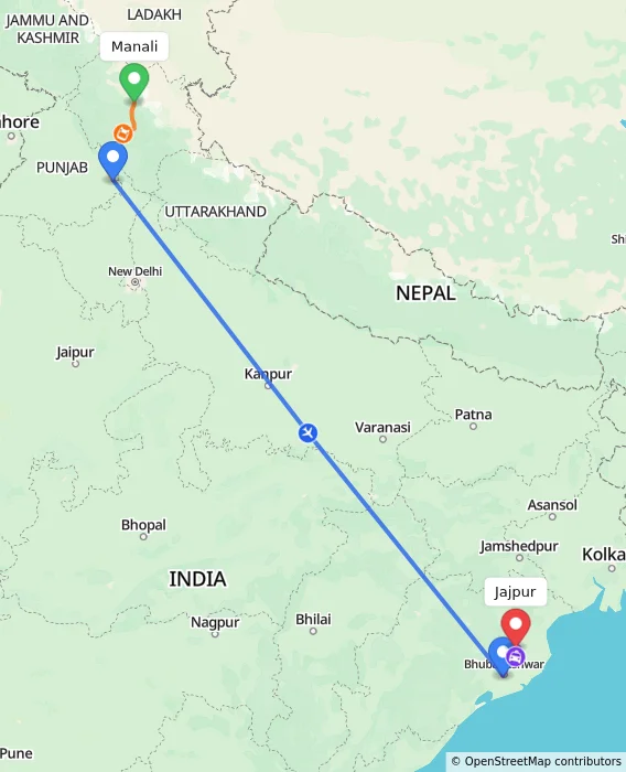 Route map showing distance and travel time from Manali, India to Jajpur, India