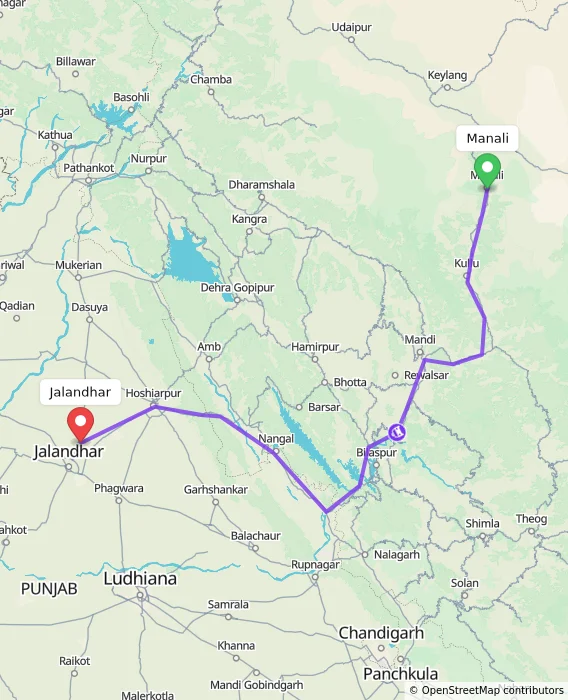 Route map showing distance and travel time from Manali, India to Jalandhar, India