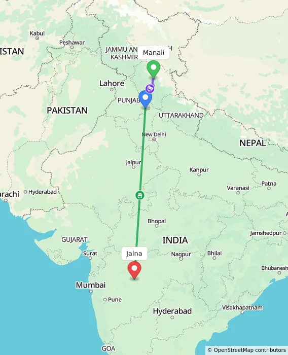 Route map showing distance and travel time from Manali, India to Jalna, India