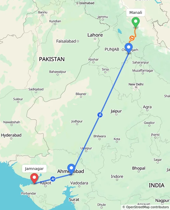 Route map showing distance and travel time from Manali, India to Jamnagar, India