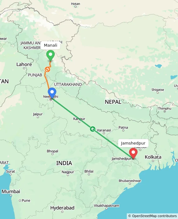Route map showing distance and travel time from Manali, India to Jamshedpur, India