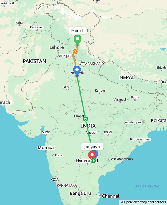 Route map showing distance and travel time from Manali, India to Jangaon, India