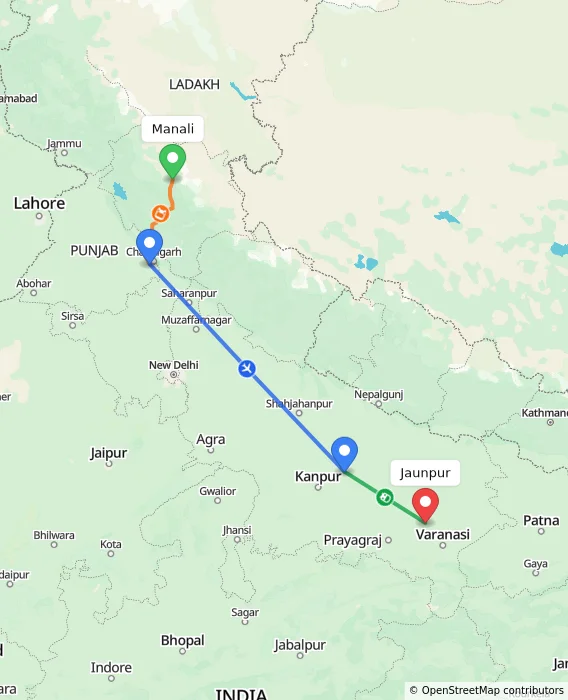 Route map showing distance and travel time from Manali, India to Jaunpur, India