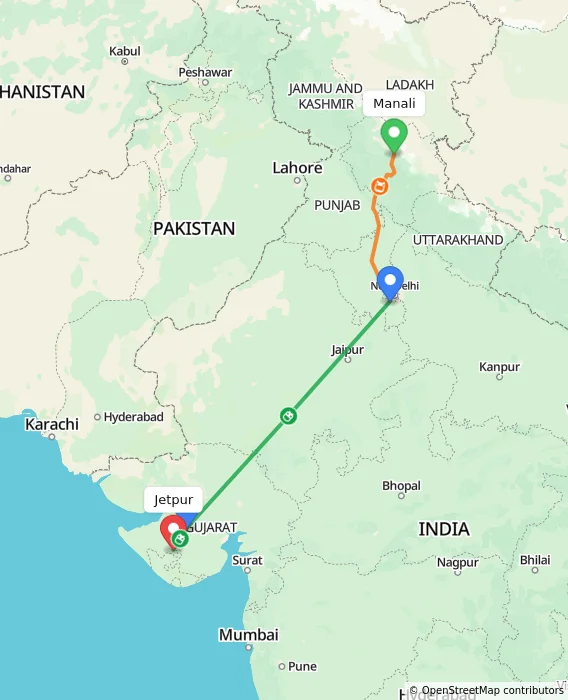 Route map showing distance and travel time from Manali, India to Jetpur, India