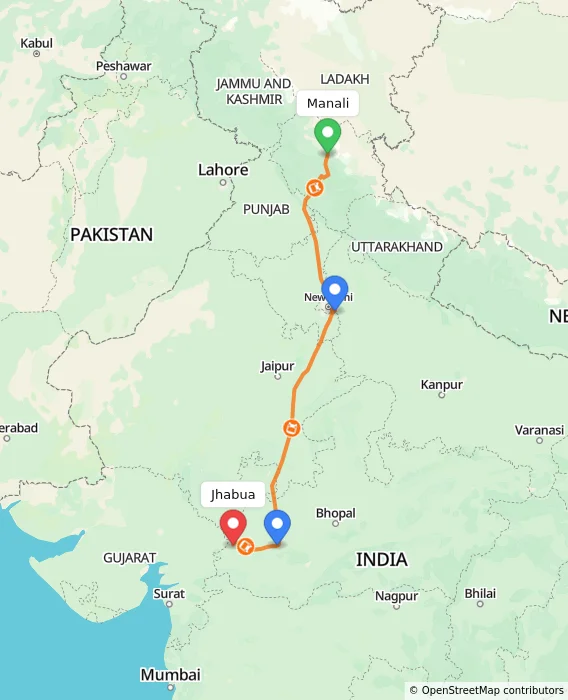 Route map showing distance and travel time from Manali, India to Jhabua, India