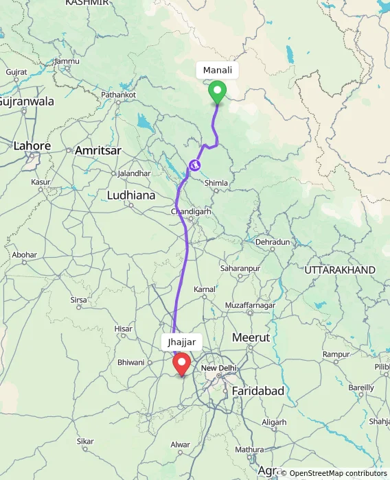 Route map showing distance and travel time from Manali, India to Jhajjar, India