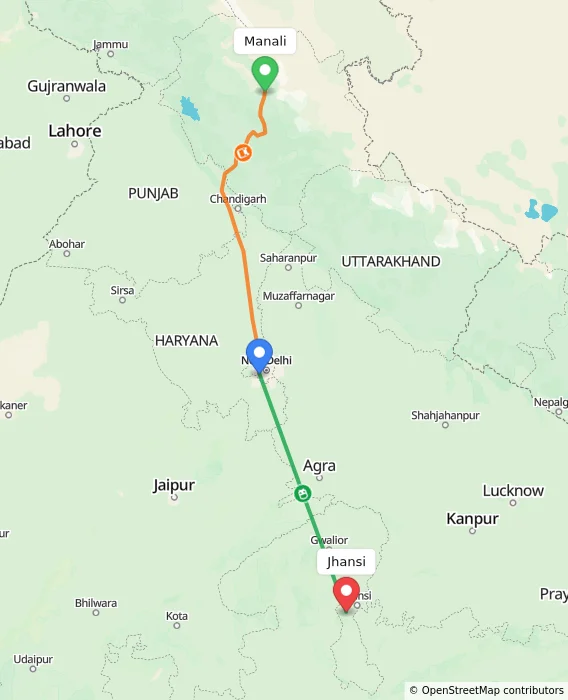 Route map showing distance and travel time from Manali, India to Jhansi, India