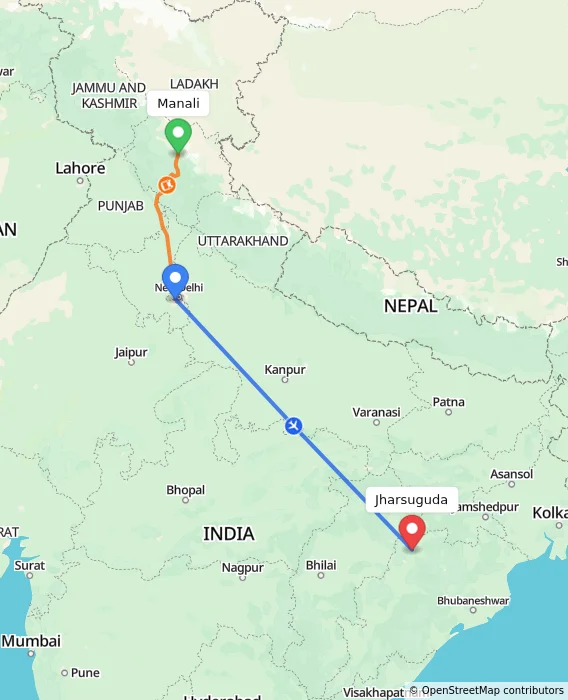 Route map showing distance and travel time from Manali, India to Jharsuguda, India