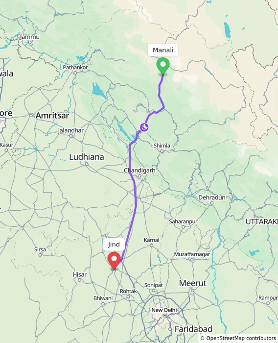 Route map showing distance and travel time from Manali, India to Jind, India