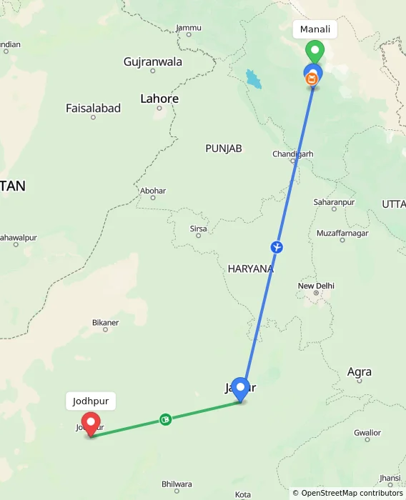 Route map showing distance and travel time from Manali, India to Jodhpur, India