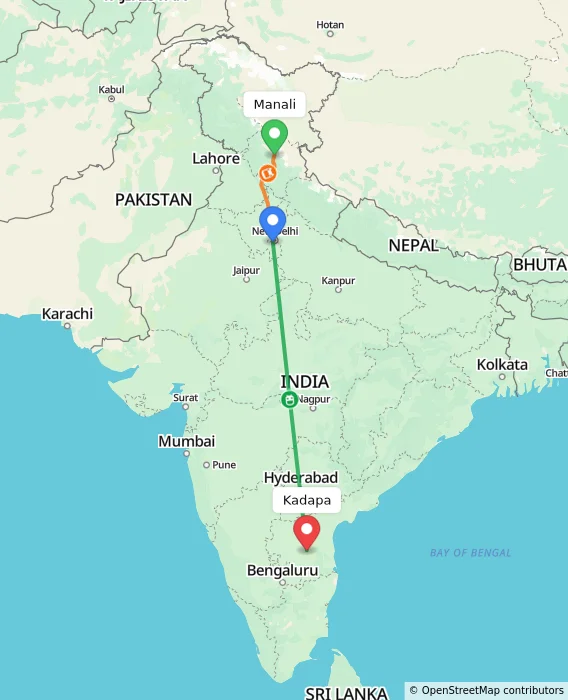 Route map showing distance and travel time from Manali, India to Kadapa, India