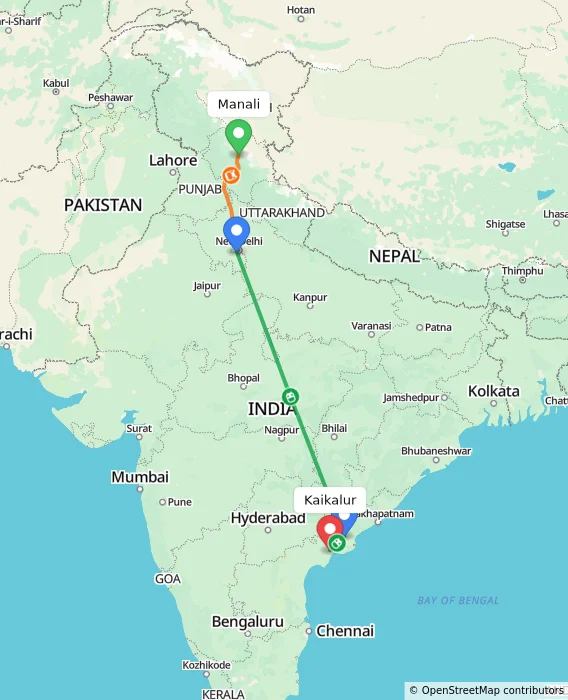 Route map showing distance and travel time from Manali, India to Kaikalur, India