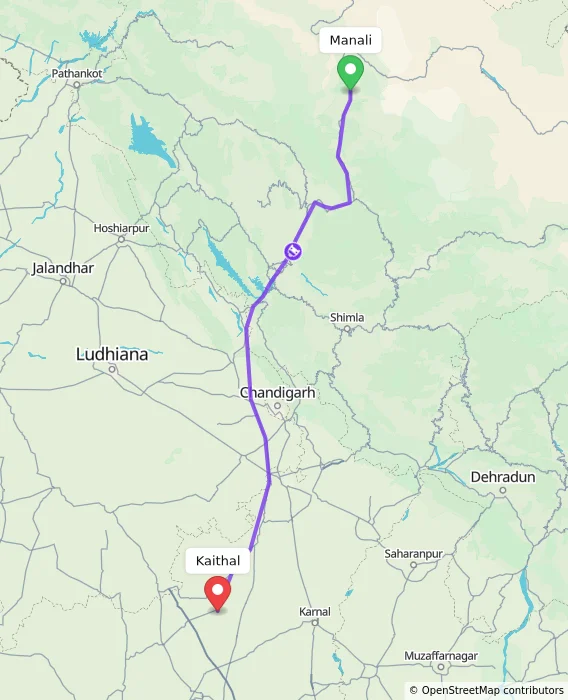 Route map showing distance and travel time from Manali, India to Kaithal, India