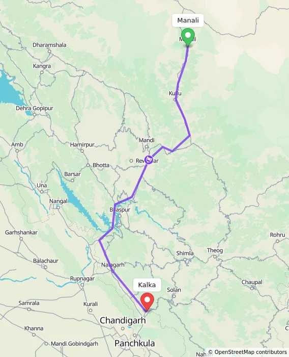 Route map showing distance and travel time from Manali, India to Kalka, India