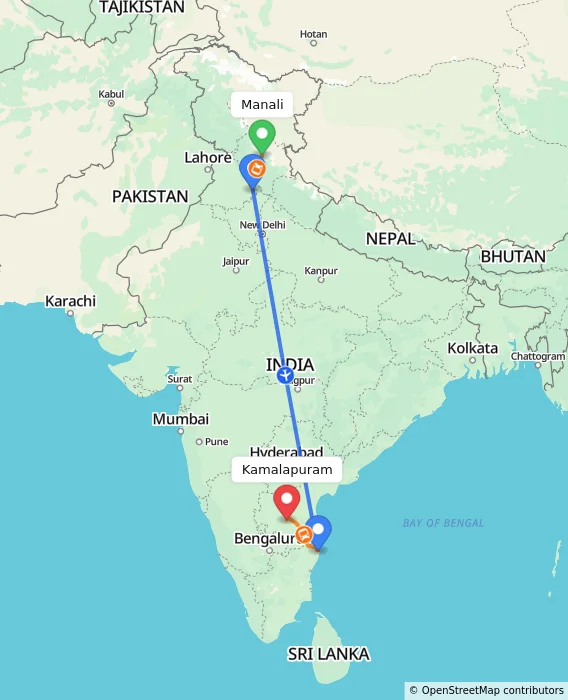 Route map showing distance and travel time from Manali, India to Kamalapuram, India