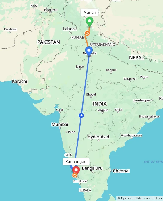 Route map showing distance and travel time from Manali, India to Kanhangad, India