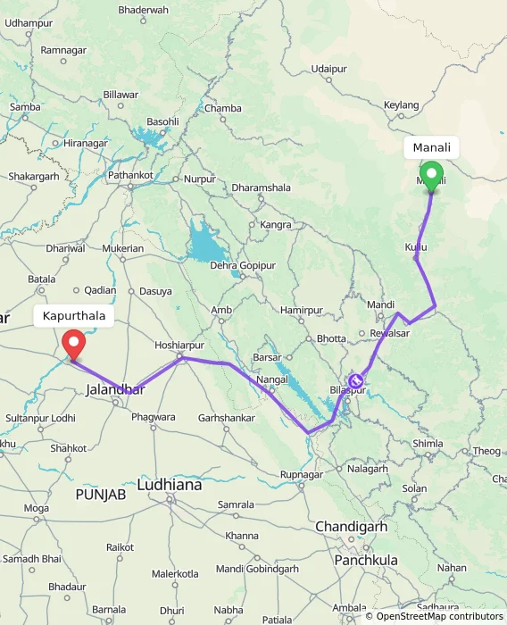 Route map showing distance and travel time from Manali, India to Kapurthala, India