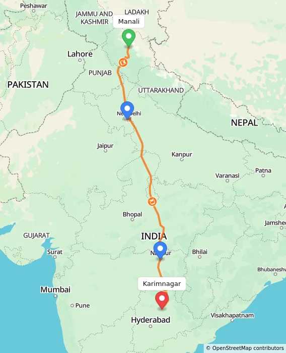 Route map showing distance and travel time from Manali, India to Karimnagar, India