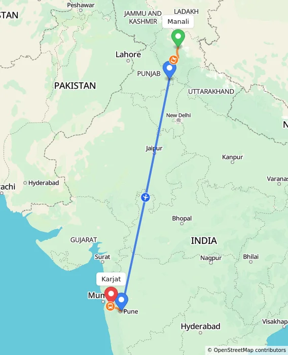 Route map showing distance and travel time from Manali, India to Karjat, India