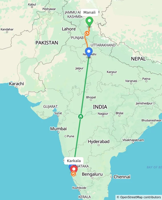 Route map showing distance and travel time from Manali, India to Karkala, India