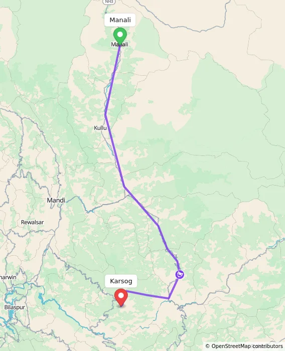 Route map showing distance and travel time from Manali, India to Karsog, India