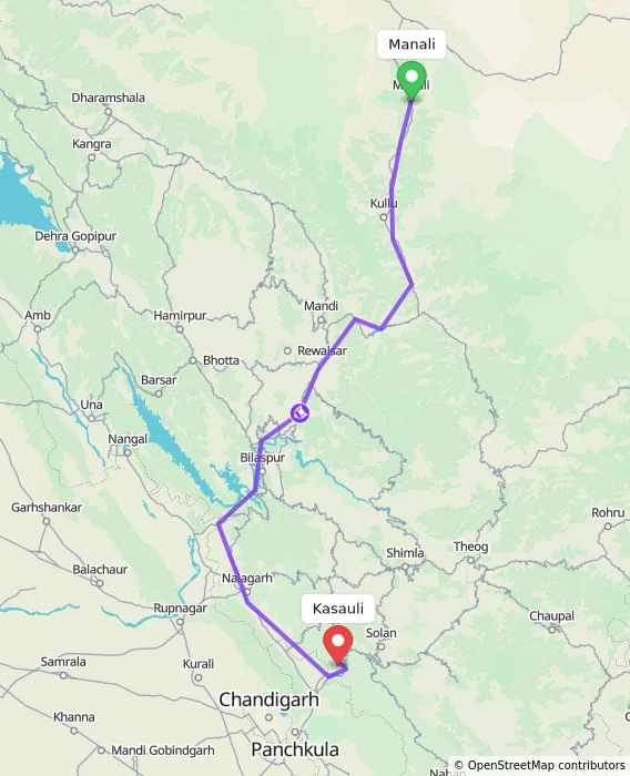 Route map showing distance and travel time from Manali, India to Kasauli, India