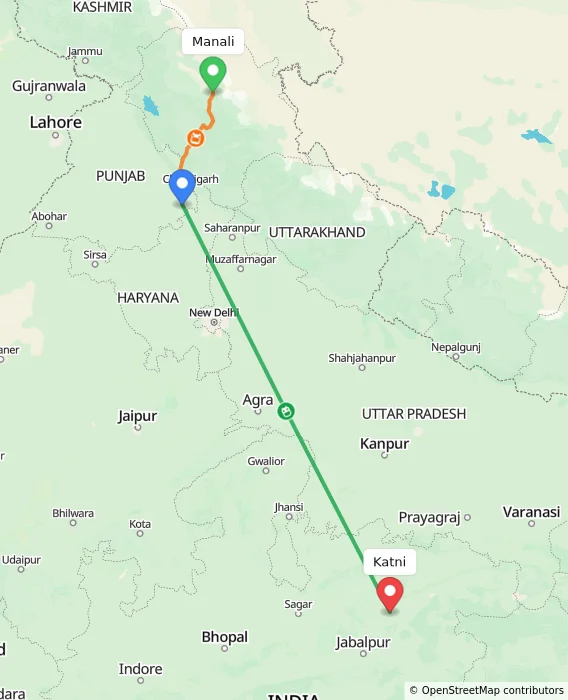 Route map showing distance and travel time from Manali, India to Katni, India