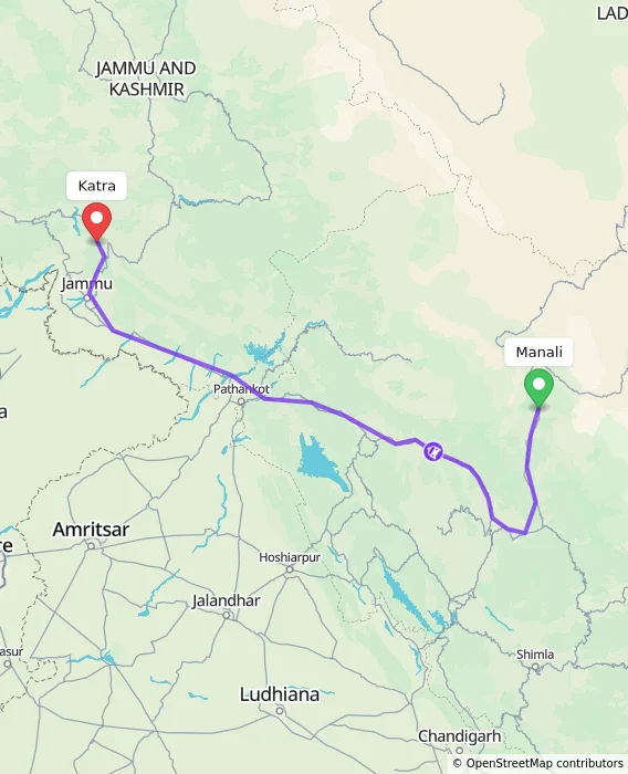 Route map showing distance and travel time from Manali, India to Katra, India