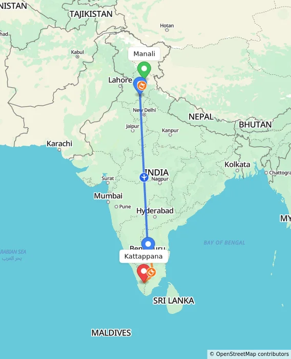 Route map showing distance and travel time from Manali, India to Kattappana, India