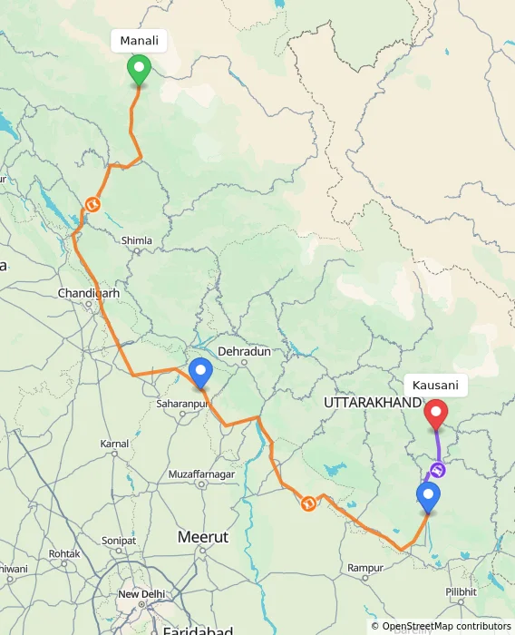 Route map showing distance and travel time from Manali, India to Kausani, India