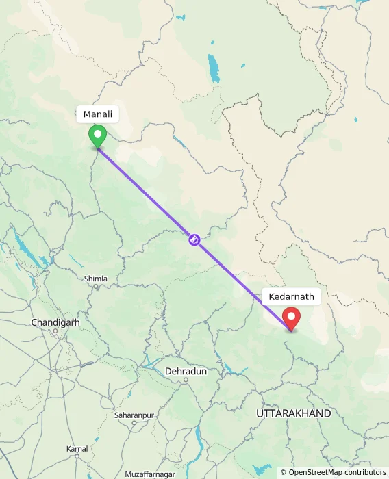 Route map showing distance and travel time from Manali, India to Kedarnath, India