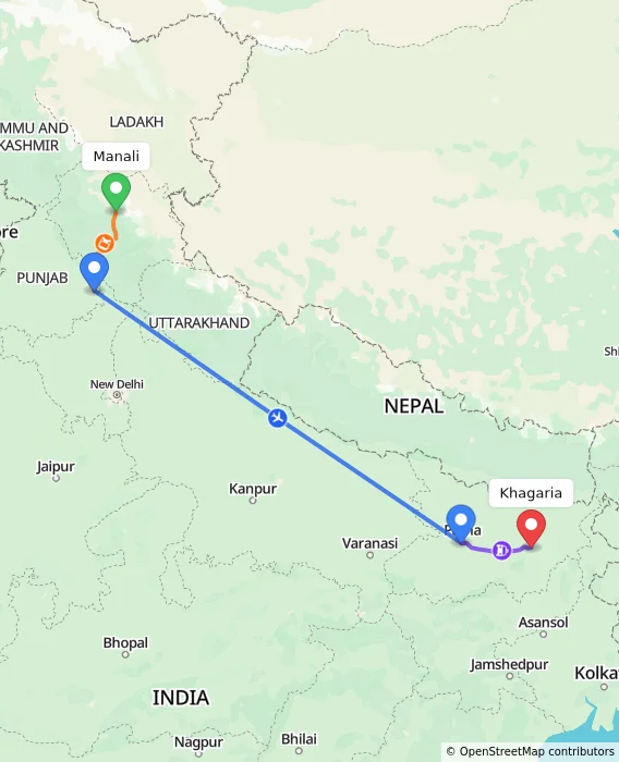 Route map showing distance and travel time from Manali, India to Khagaria, India
