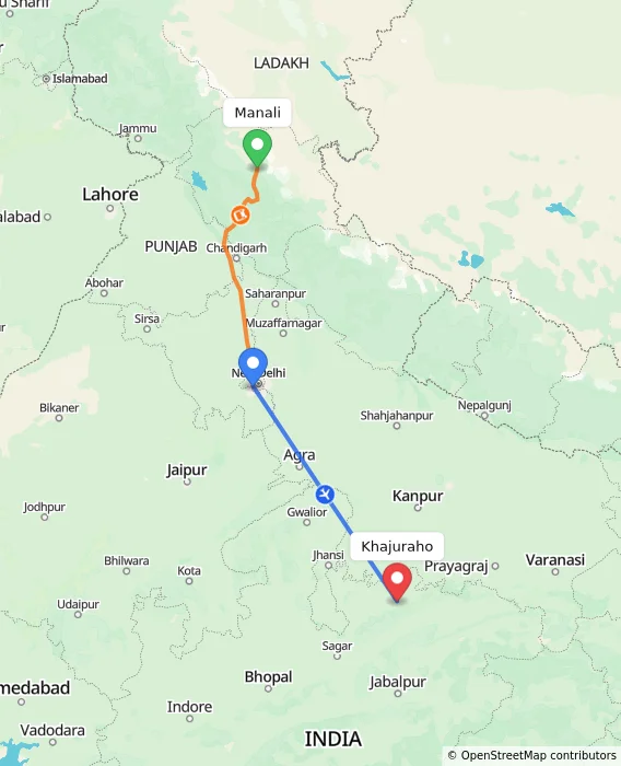 Route map showing distance and travel time from Manali, India to Khajuraho, India