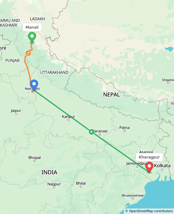 Route map showing distance and travel time from Manali, India to Kharagpur, India