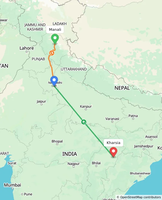 Route map showing distance and travel time from Manali, India to Kharsia, India