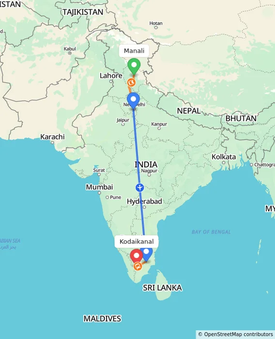 Route map showing distance and travel time from Manali, India to Kodaikanal, India