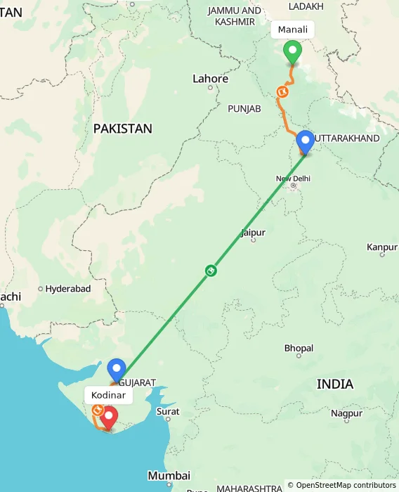 Route map showing distance and travel time from Manali, India to Kodinar, India