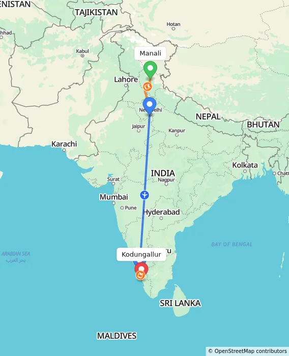 Route map showing distance and travel time from Manali, India to Kodungallur, India