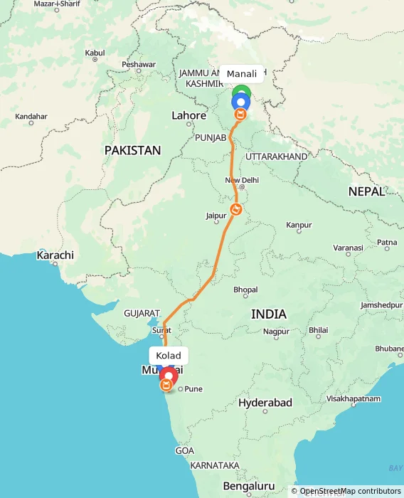 Route map showing distance and travel time from Manali, India to Kolad, India