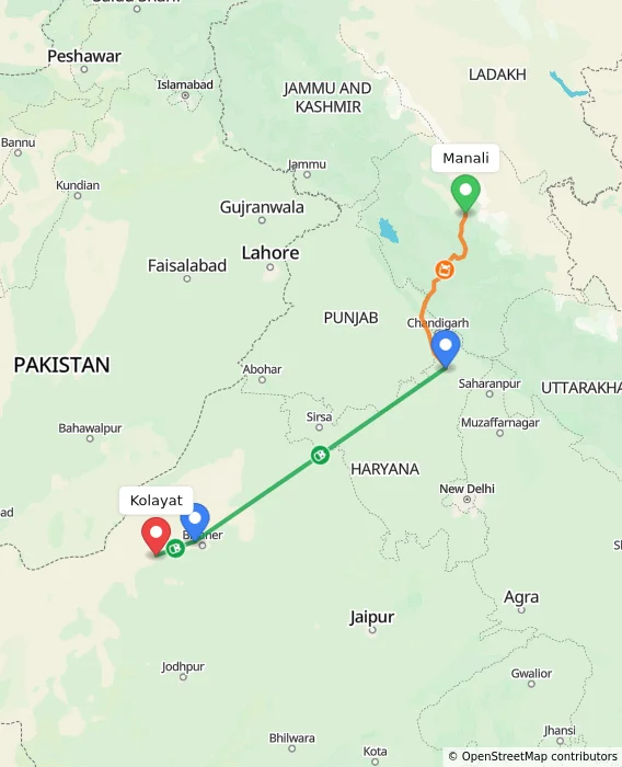 Route map showing distance and travel time from Manali, India to Kolayat, India