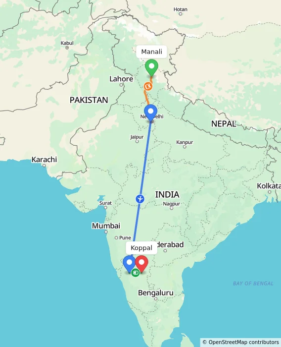 Route map showing distance and travel time from Manali, India to Koppal, India
