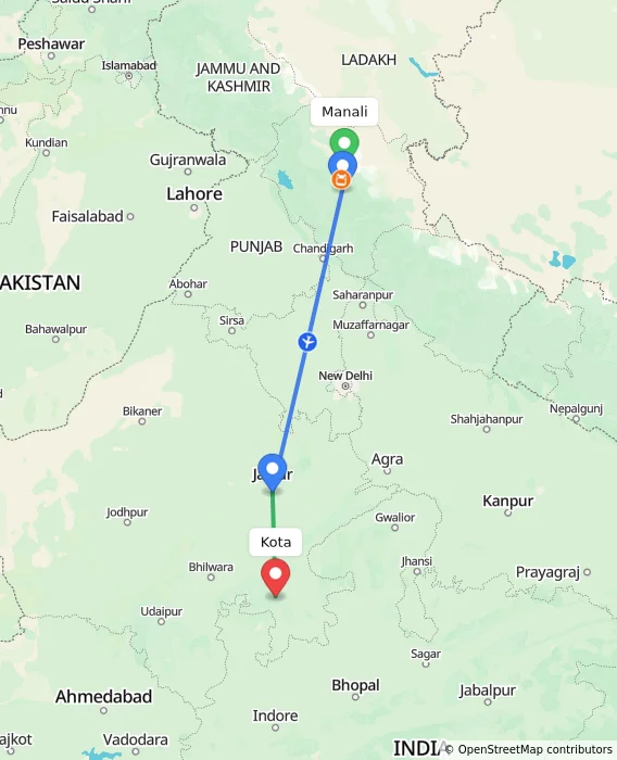 Route map showing distance and travel time from Manali, India to Kota, India