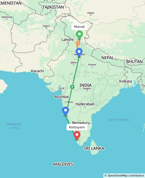 Route map showing distance and travel time from Manali, India to Kottayam, India