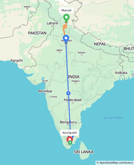 Route map showing distance and travel time from Manali, India to Kovilpatti, India