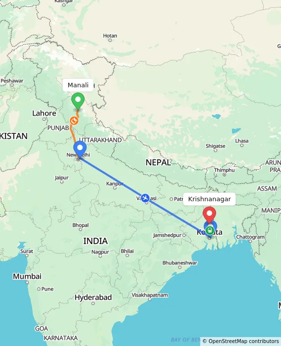 Route map showing distance and travel time from Manali, India to Krishnanagar, India