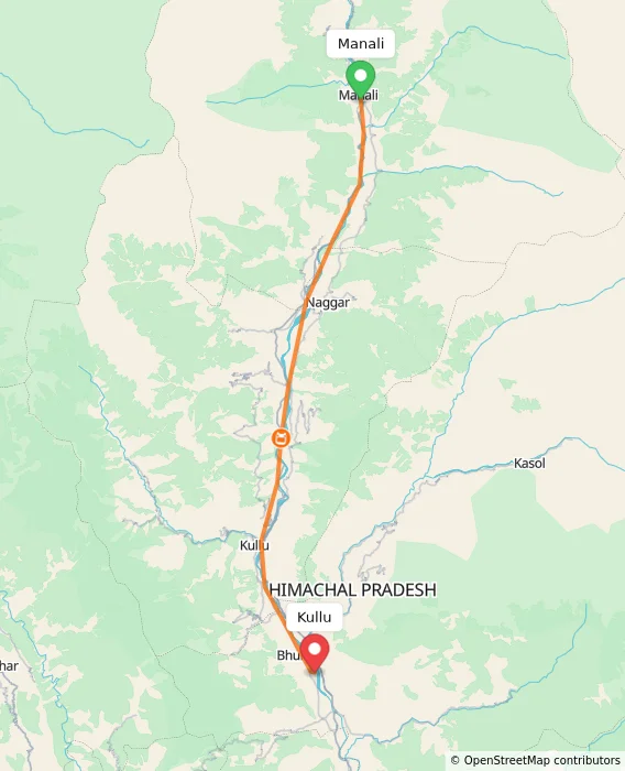 Route map showing distance and travel time from Manali, India to Kullu, India
